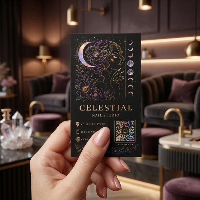 Celestial Nail Studio Lyx Svart Guld QR Skönhet Visitkort (Skapare uppladdad)