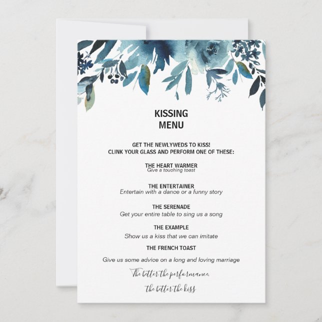 Celestial Navy Blue Blommigt Kissing Menu (Framsida)