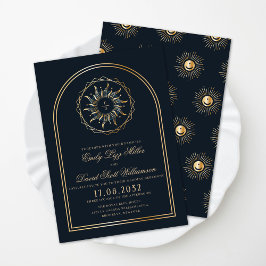 Celestial Navy Blue Golden Monogram Boho Inbjudningar