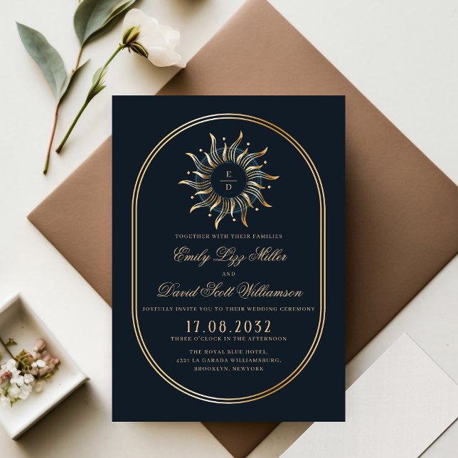 Celestial Navy Blue Guld Mystical Monogram Inbjudningar (Skapare uppladdad)