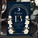 Celestial Navy Elegant Arch Art nouveau Bröllop Bordsnummer<br><div class="desc">Höj evenemanget med elegans! De här bord-korten i Art nouveau har gyllene bågar, skuggande stjärnor och känsliga vita blommor som ställs in mot en marin blå bakgrund - en tidslassedesign för bröllop, middagar eller firande. Lägg till en liten vintage till din bord-dekorator i dag! Observera att guld på den här...</div>
