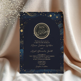 Celestial Navy Guld Monogram Bröllop Inbjudningar