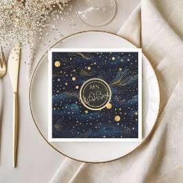 Celestial Navy Guld Monogram Bröllop Pappersservett