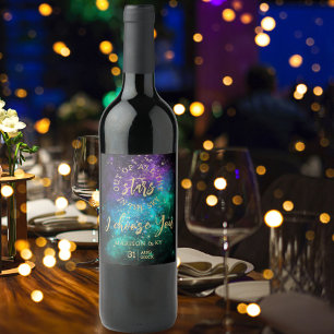 Celestial Night Himlar Space Nebula Guld Star Bröl Vinflaska Etikett