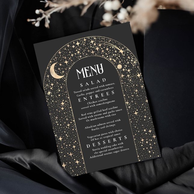 Celestial Night Himlar Stars Arch Black Bröllop Me Inbjudningar (Black Celestial Wedding Menu Cards)