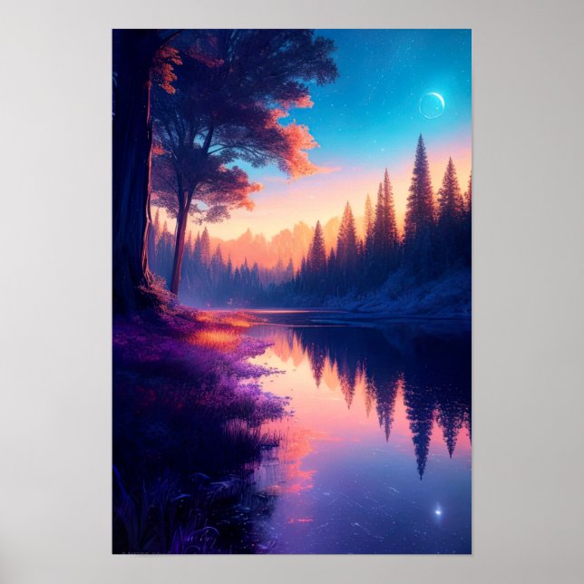 Celestial Nights, Starlit River i Skogen Poster (Framsidan)
