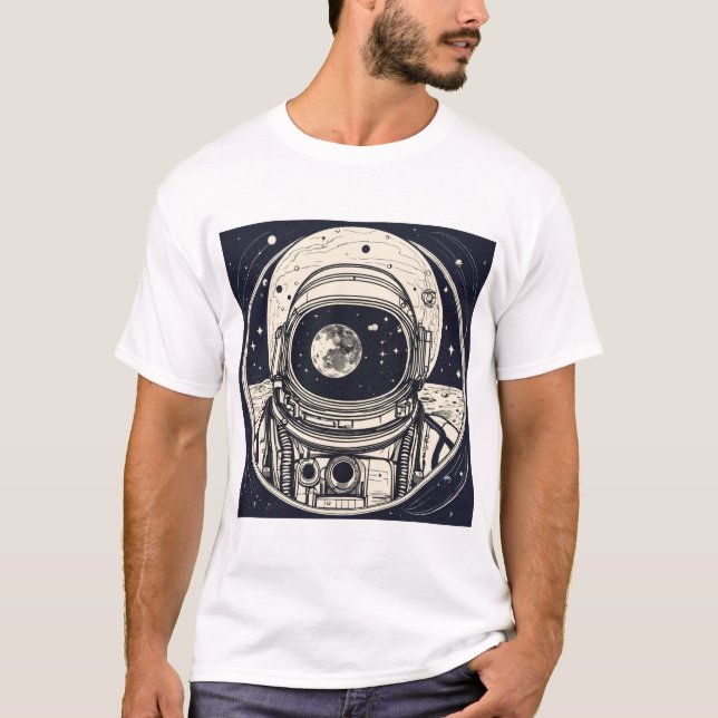 "Celestial Odyssey Tee: Astronaut Helmet & Planeta T Shirt (Framsida)