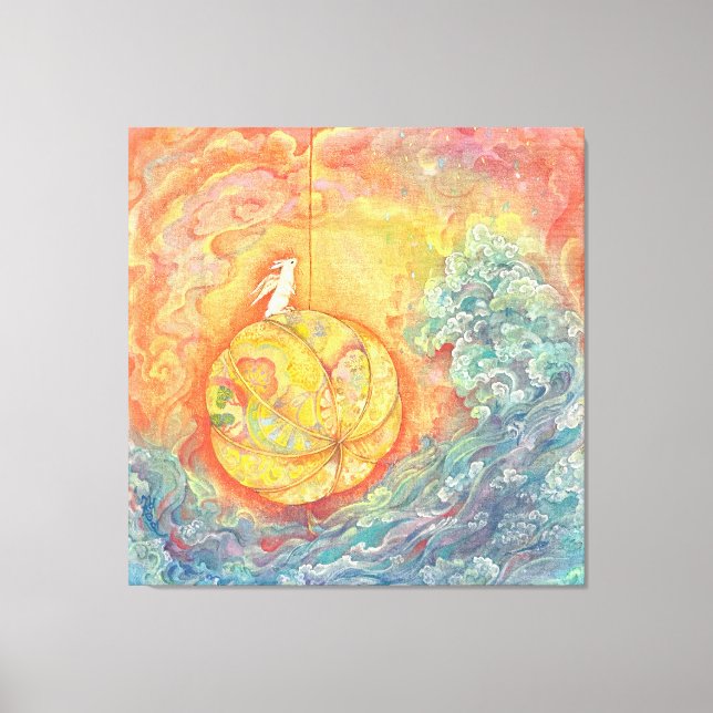 Celestial Orb: Winged Hare on Silken Brocade Canvastryck (Framsida)