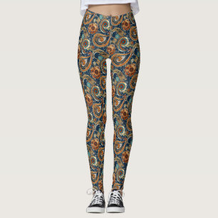 Celestial Paisley Mönster marinblå, Orange, Guld Leggings