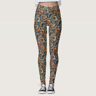 Celestial Paisley Mönster marinblå, Orange, Guld Leggings