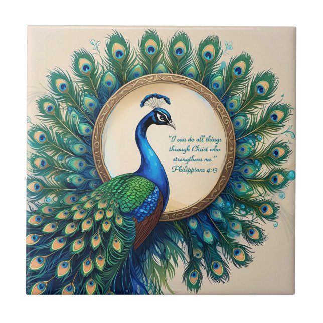 Celestial Peacock Bloom Bible Verse Kakelplatta (Framsidan)
