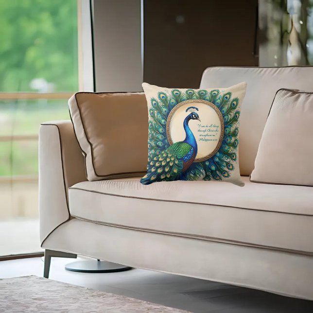 Celestial Peacock Bloom Bible Verse Kudde (Skapare uppladdad)