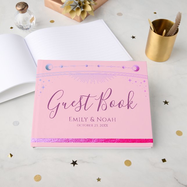 Celestial Pink Purple Sun Moon Stars Wedding  Gästböcker (Framsida Öppen)