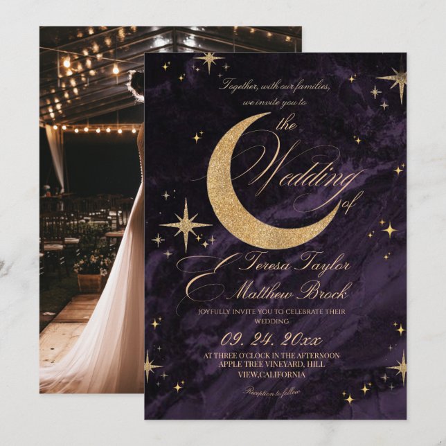 Celestial Purple and Gold Moody Wedding  Inbjudningar (Fram/baksida)