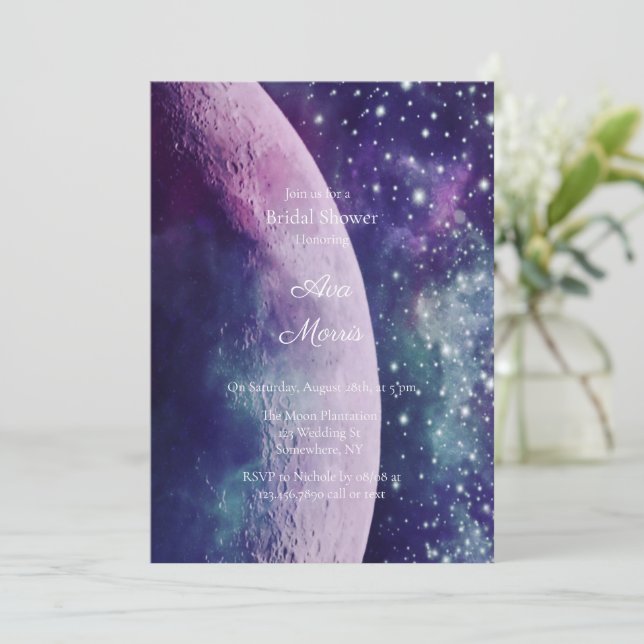 Celestial Purple Galaxy Moon Bridal Shower Inbjudningar (Stående Fram)