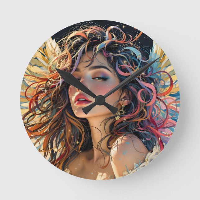 Celestial Radiance - Rainbow Winged Angel Porträtt Rund Klocka (Framsida)