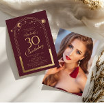 Celestial Red Guld Sol Måne Stars 30års födelsedag Inbjudningar<br><div class="desc">Den kelestiala fotoinbjudan till Röda Guld-Sol-Måne-30års födelsedag har en elegant-sol,  måne och stjärnor med en gyllene guld på djup ram-röd bakgrund. Inuti finns din anpassningsbar 30-årsinbjudan. Lägg till ditt favoritfoto på motsatt sida. Designad för dig av Evco Studio www.zazzle.com/store/evcostudio</div>