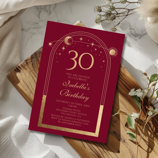 Celestial Red Guld Sol Måne Stars 30års födelsedag Inbjudningar (Skapare uppladdad)