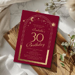 Celestial Red Guld Sol Måne Stars 30års födelsedag Inbjudningar<br><div class="desc">Den kelestialröda amfetastronomin i 30års födelsedag i Sol,  som har kallats för Måne,  har en elegant sol,  måne och stjärnor med en gyllene Guld på röd botten. Inuti finns din anpassningsbar 30-årsinbjudan. Anpassa genom att redigera texten i textrutorna. Designad för dig av Evco Studio www.zazzle.com/store/evcostudio</div>