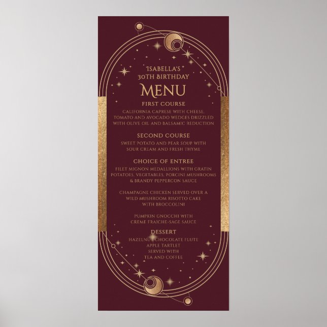 Celestial Red Guld Sol Måne Stars 30års födelsedag Poster (Framsidan)