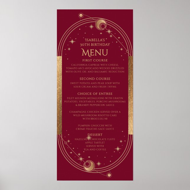 Celestial Red Guld Sol Måne Stars 30års födelsedag Poster (Framsidan)
