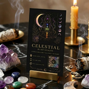 Celestial Reiki Healer Lyx Svart Guld QR Visitkort