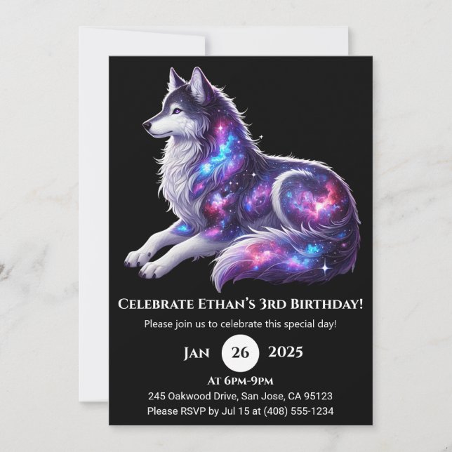 Celestial Resting Wolf Birthday Invitation Inbjudningar (Framsida)