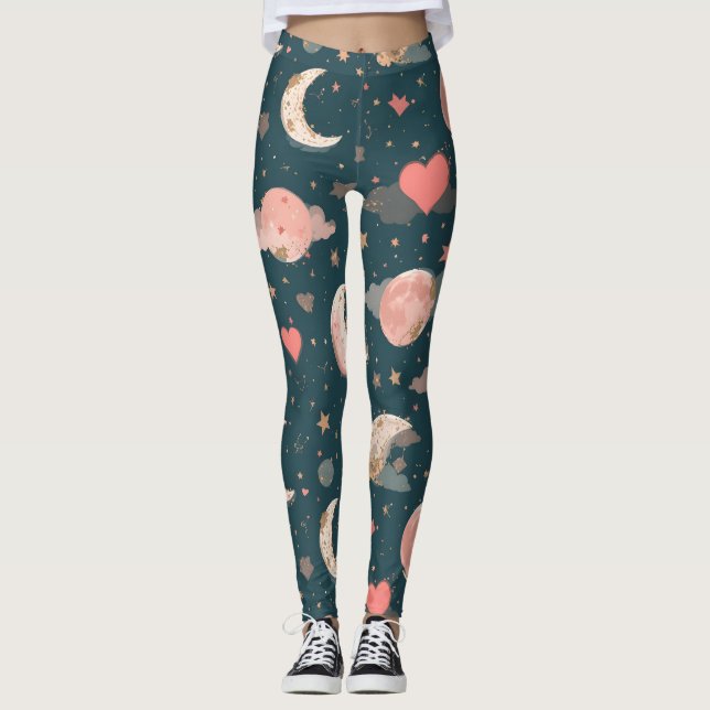 Celestial Romance Dreamy Moon & Stars Valentine Se Leggings (Framsida)