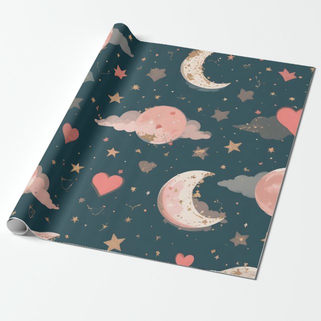 Celestial Romance Dreamy Moon & Stars Valentine Se Presentpapper (Utrullad)