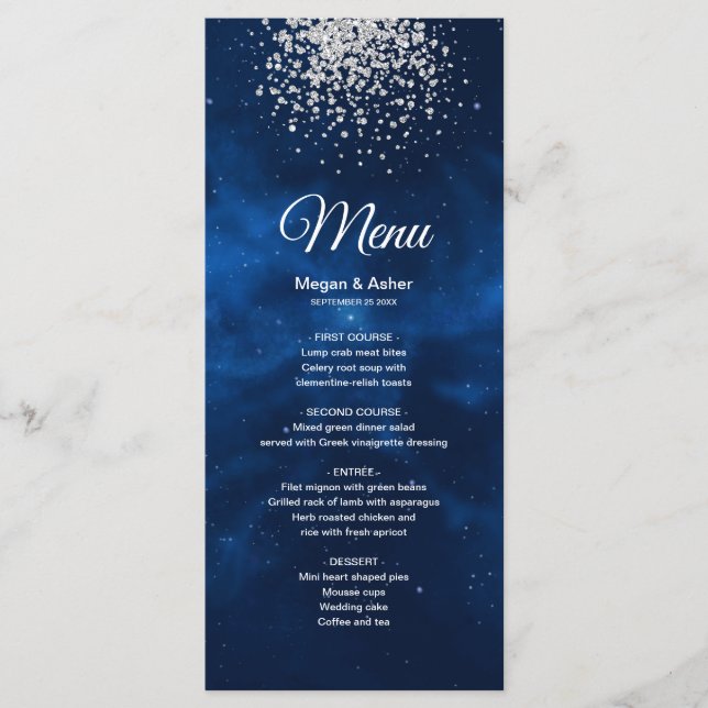 Celestial Romantic Blue Universe Silv Glitter Menu Meny (Framsida)