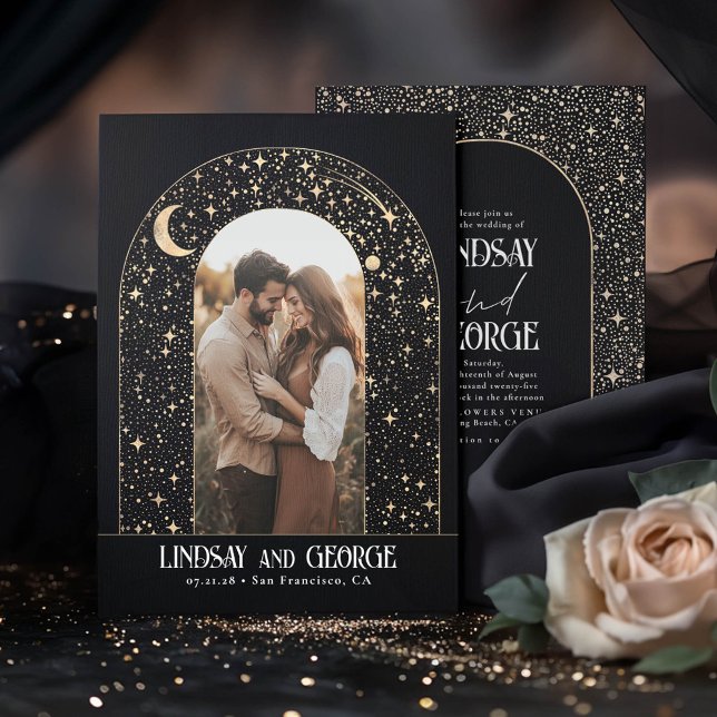 Celestial Romantic Night Stars Bröllop Photo Inbjudningar (Celestial Modern Black Wedding Photo Invitations)