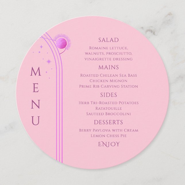 Celestial Rosa Lila Sol Måne Stars Bröllop Meny (Framsida)