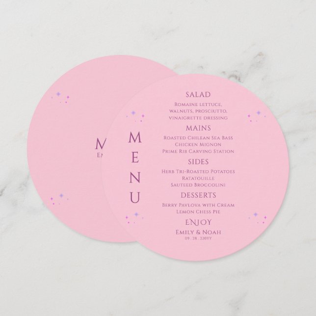 Celestial Rosa Lila Sol Måne Stars Bröllop Meny (Fram/baksida)