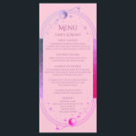 Celestial Rosa Lila Sol Måne Stars Bröllop Meny<br><div class="desc">Mystical Lila Guld Sol Stars Astronomy Celestial Galaxy Cosmic Bröllopskort har sol,  måne och stjärnor med en rosa och Måne lila på ram bakgrunden med dina menydetaljer i centrum i det moderna rosa kalligrafiskriptet. Anpassa genom att redigera texten i textrutorna. Designad för dig av Evco Studio www.zazzle.com/store/evcostudio</div>