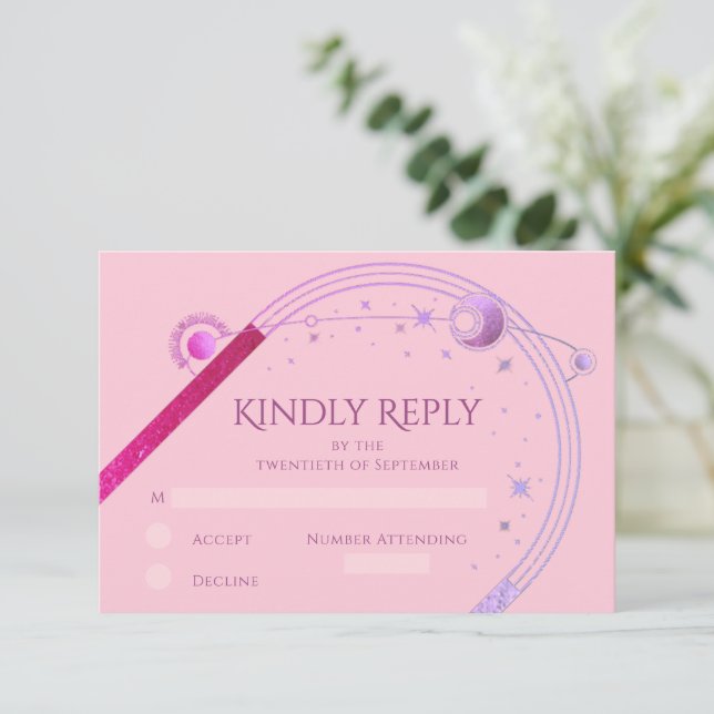 Celestial Rosa Lila Sol Måne Stars Bröllop OSA Kort (Stående Fram)