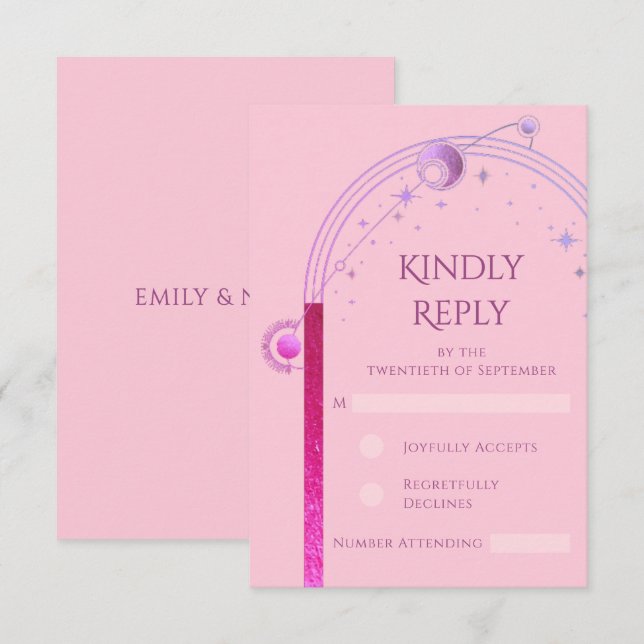 Celestial Rosa Lila Sol Måne Stars Bröllop OSA Kort (Fram/baksida)