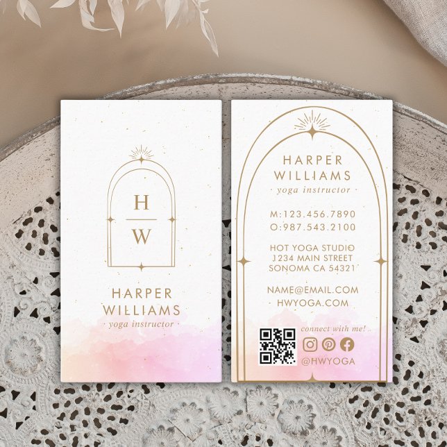 Celestial Rosa Monogram Yoga Instructor QR Code Visitkort (Skapare uppladdad)