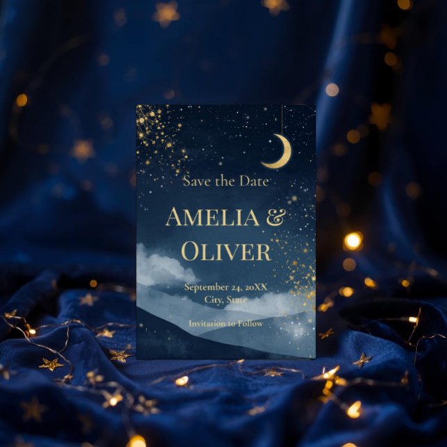 Celestial Save the Date | Marinblå och gyllene stj Inbjudningar (Skapare uppladdad)