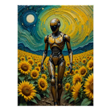 Celestial Sentience: Robot in Sunflower Fields