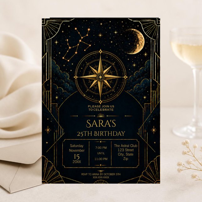 Celestial Skytten 25-års födelsedagsinbjudan Inbjudningar (Celestial Sagittarius 25th birthday invitation with black gold stars and elegant Art Deco style.)