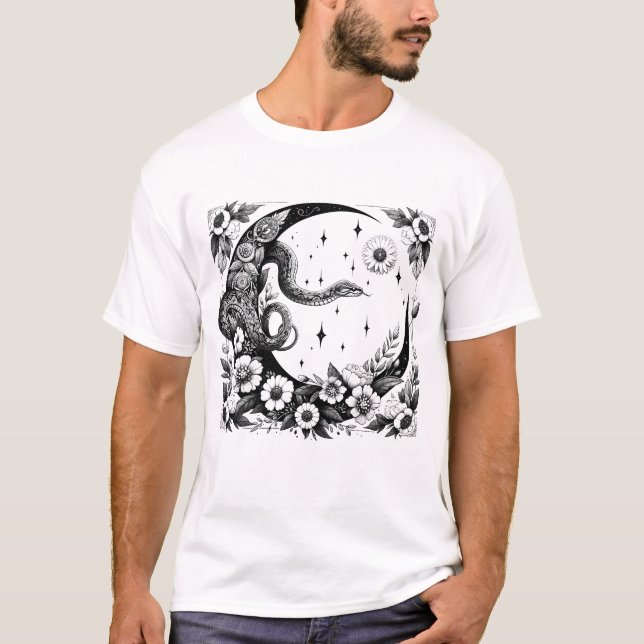 Celestial Snake Botanical Crescent Måne Goth T Shirt (Framsida)