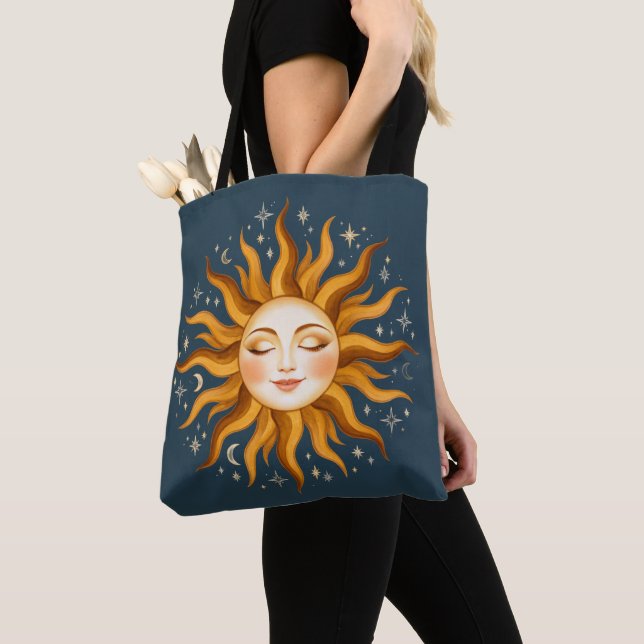 Celestial Sol Ansikte Vintage Boho Konst  Tygkasse (Närbild)
