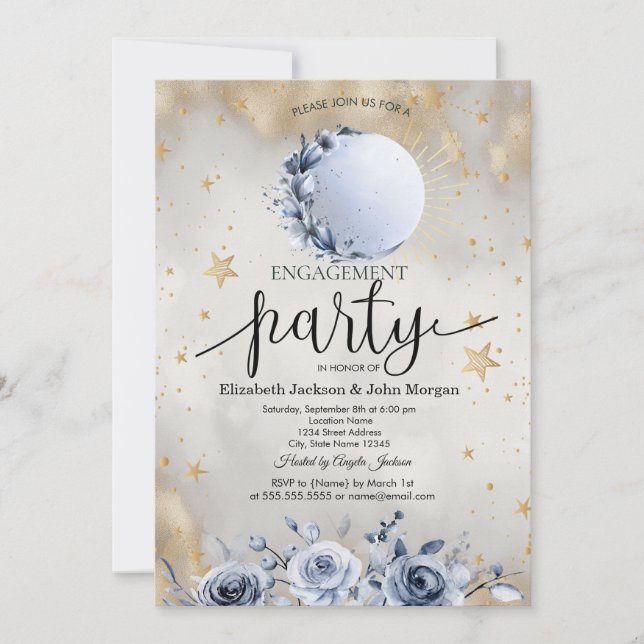 Celestial Sol,Blue Måne Ro Stars Förlovning Inbjudningar (Framsida)