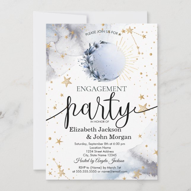 Celestial Sol,Blue Måne,Stars Förlovning Inbjudningar (Framsida)