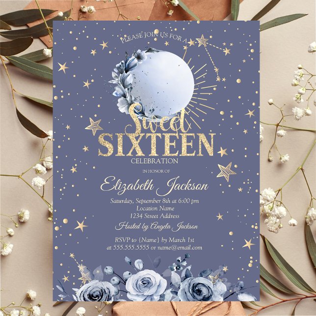 Celestial Sol,Blue Måne Stars Pastel Sweet 16 Inbjudningar (Skapare uppladdad)