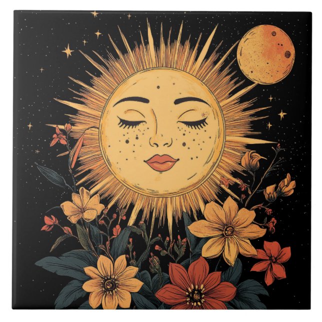 Celestial Sol Goddess med blommande Blommigtar Kakelplatta (Framsidan)
