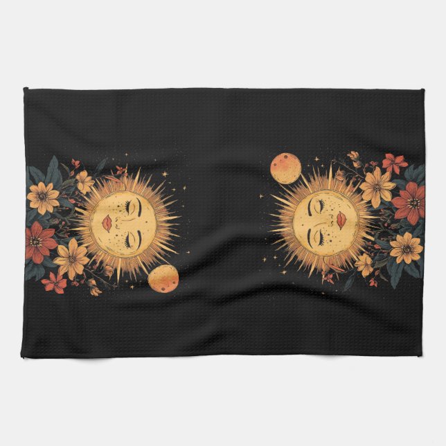 Celestial Sol Goddess med blommande Blommigtar Kökshandduk (Horisontell)