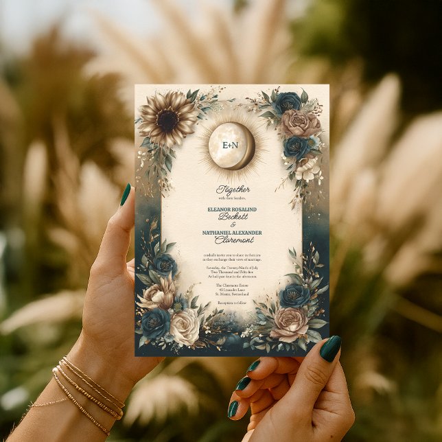 Celestial Sol Måne Boho Blommig Rustik Bröllop Inbjudningar (Celestial Sun Moon Boho Floral Rustic Wedding Invitation
)