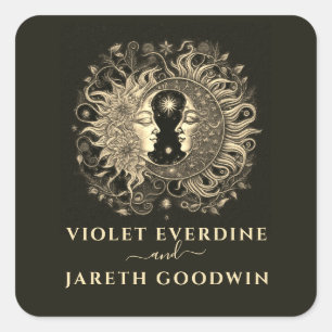 Celestial Sol Måne Bröllop Fyrkantigt Klistermärke