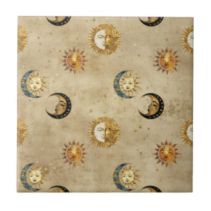Celestial Sol & Måne Guld Stjärnklar Natt Mönster  Kakelplatta